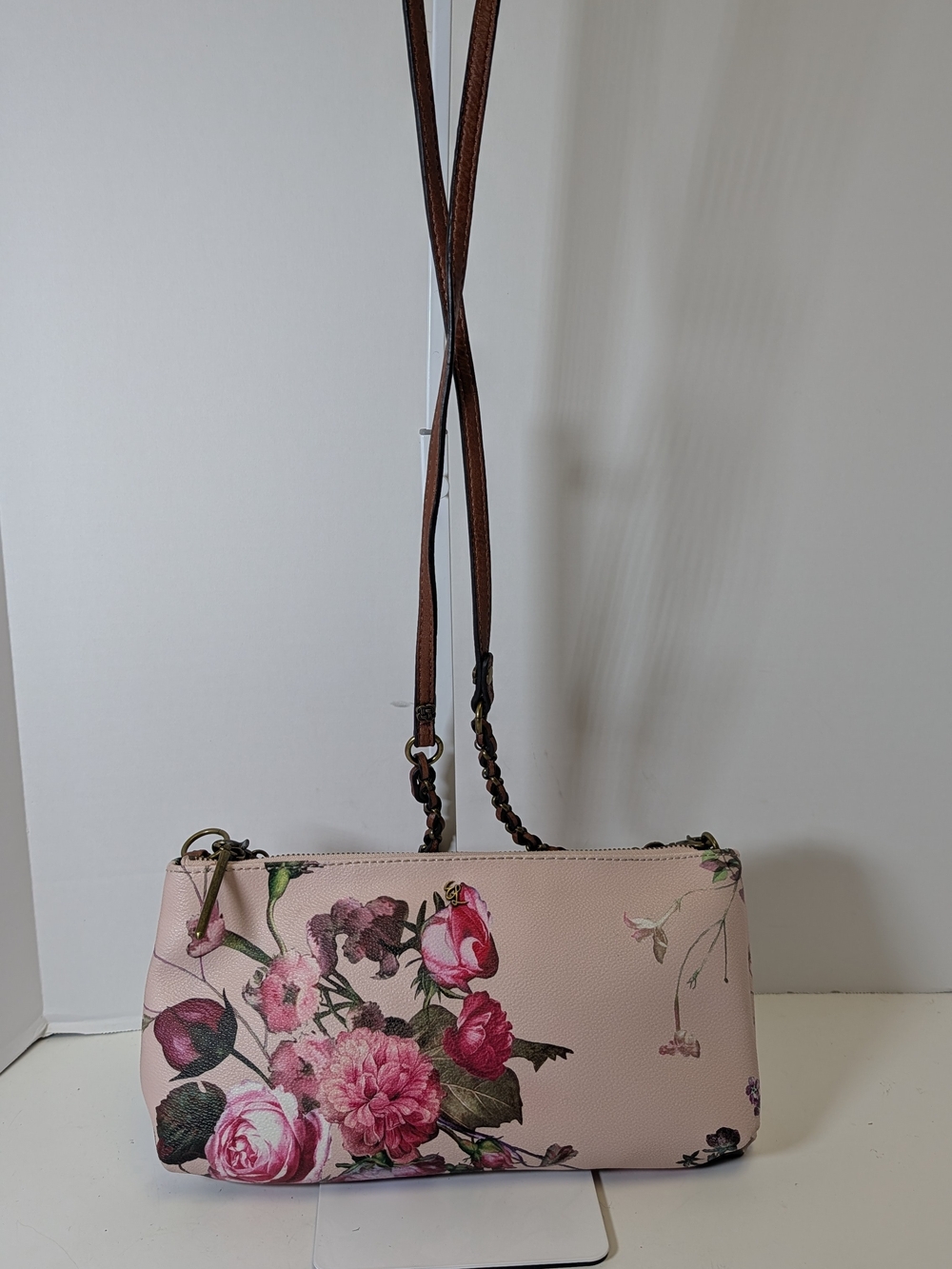 Elliott Lucca Pink Floral Crossbody with Brown Strap
